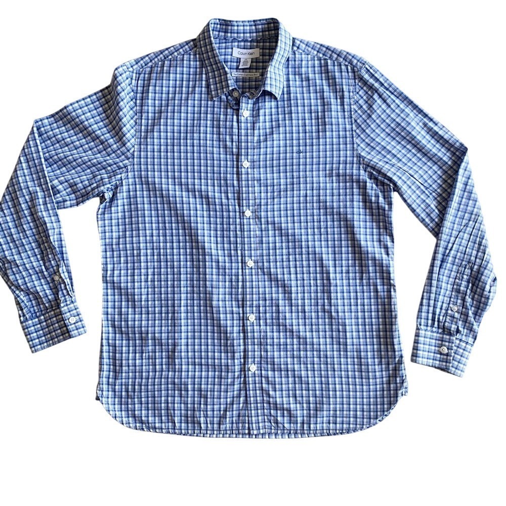 Calvin Klein Button Down Plaid Cotton Blend Shirt Mens L Blue